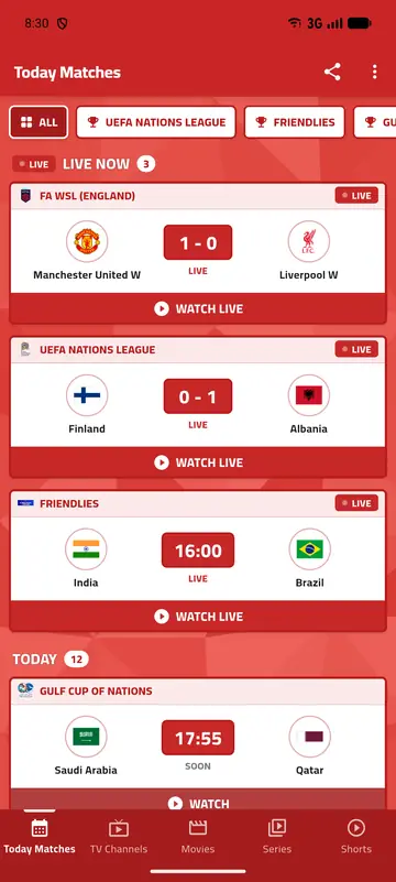 Yacine TV app screenshot – Today Matches